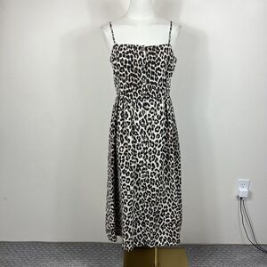 HM Dress Womens Small Brown Leopard Linen Blend Midi Smocked Animal Print
